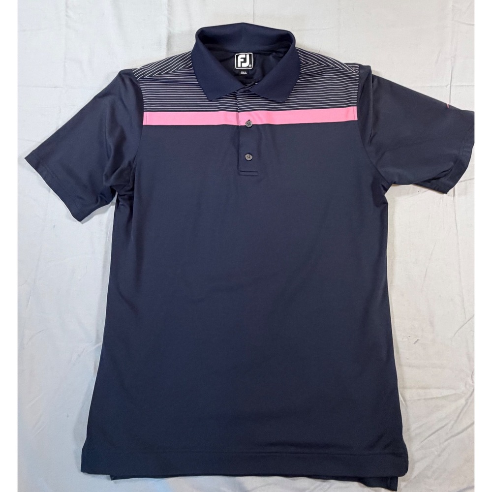 FootJoy Mens Athletic Fit Golf Polo Shirt Navy Blue Pink Striped Medium FJ